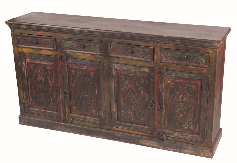72" Dark Brown and Green Solid Wood Four Drawer Sideboard with Four Doors HomeRoots