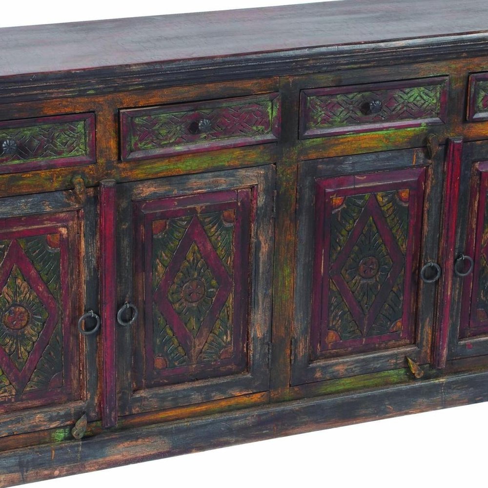 72" Dark Brown and Green Solid Wood Four Drawer Sideboard with Four Doors HomeRoots