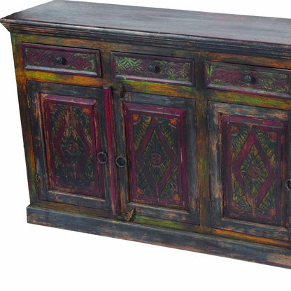 72" Dark Brown and Green Solid Wood Four Drawer Sideboard with Four Doors HomeRoots