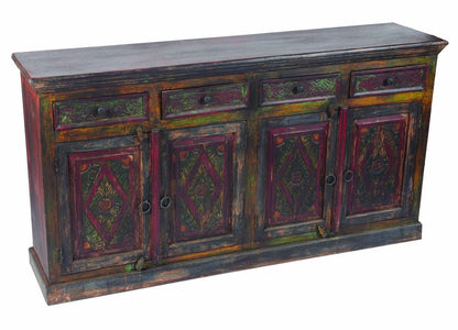 72" Dark Brown and Green Solid Wood Four Drawer Sideboard with Four Doors HomeRoots