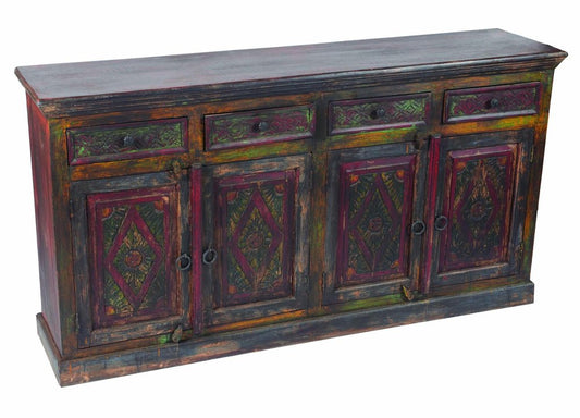 72" Dark Brown and Green Solid Wood Four Drawer Sideboard with Four Doors HomeRoots