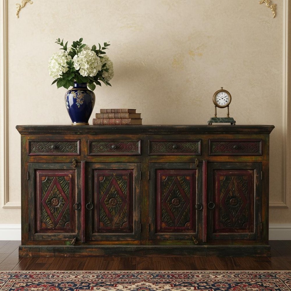 72" Dark Brown and Green Solid Wood Four Drawer Sideboard with Four Doors HomeRoots