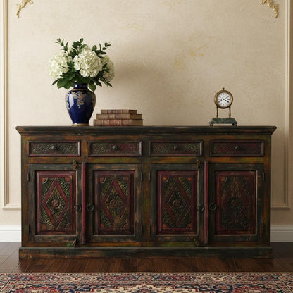72" Dark Brown and Green Solid Wood Four Drawer Sideboard with Four Doors HomeRoots