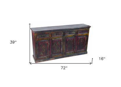 72" Dark Brown and Green Solid Wood Four Drawer Sideboard with Four Doors HomeRoots