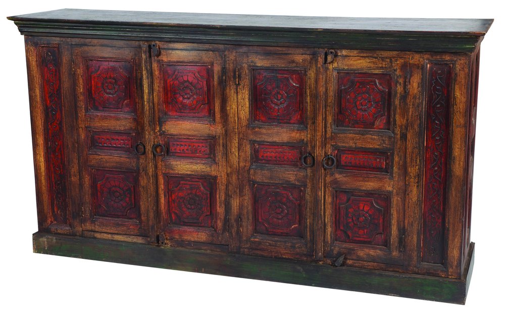 80" Brown And Red Distressed Solid Wood Carved Floral Buffet Table with Four Doors HomeRoots