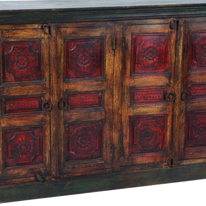 80" Brown And Red Distressed Solid Wood Carved Floral Buffet Table with Four Doors HomeRoots