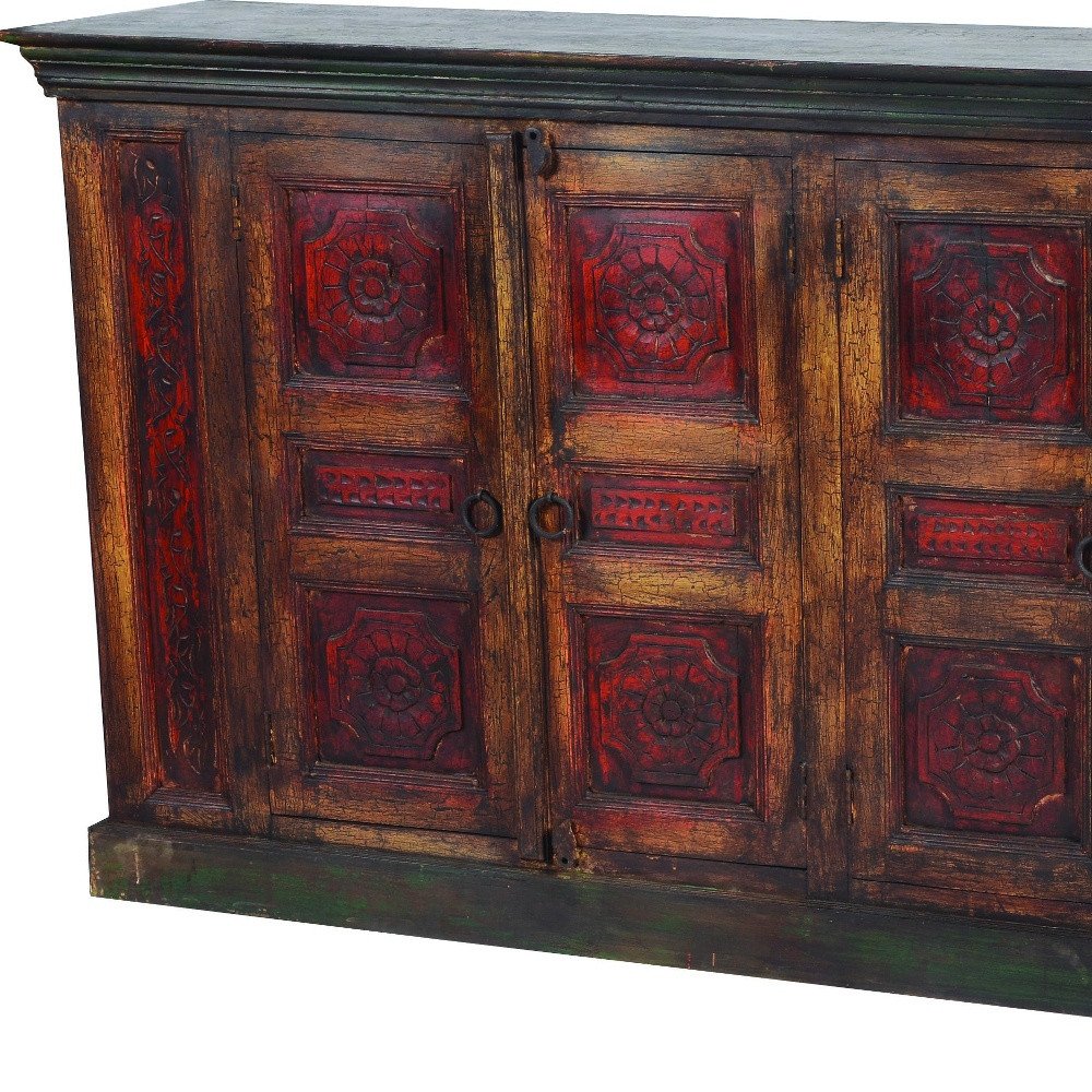 80" Brown And Red Distressed Solid Wood Carved Floral Buffet Table with Four Doors HomeRoots