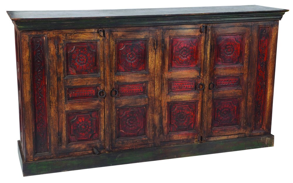 80" Brown And Red Distressed Solid Wood Carved Floral Buffet Table with Four Doors HomeRoots