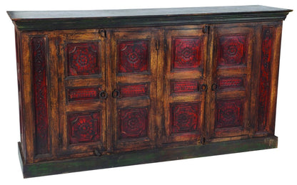 80" Brown And Red Distressed Solid Wood Carved Floral Buffet Table with Four Doors HomeRoots