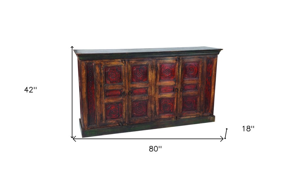 80" Brown And Red Distressed Solid Wood Carved Floral Buffet Table with Four Doors HomeRoots