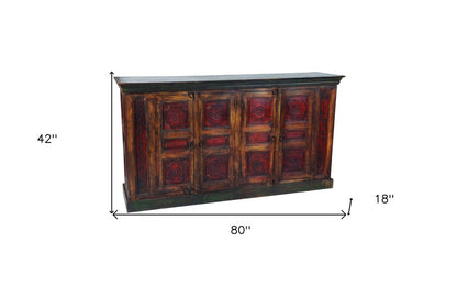 80" Brown And Red Distressed Solid Wood Carved Floral Buffet Table with Four Doors HomeRoots