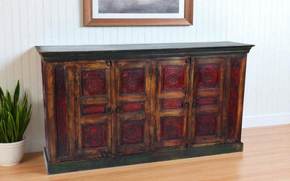80" Brown And Red Distressed Solid Wood Carved Floral Buffet Table with Four Doors HomeRoots