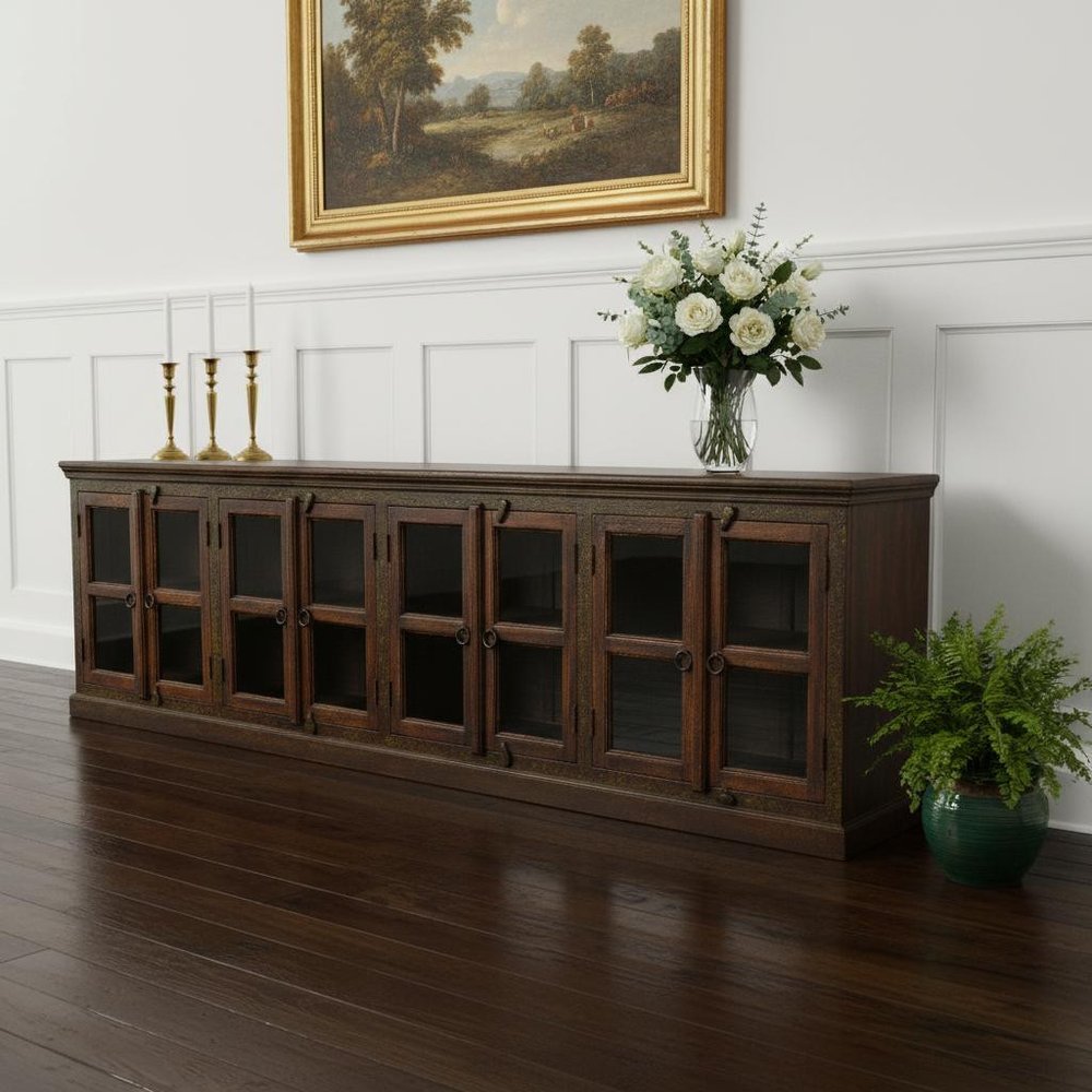 118" Brown Distressed Solid Wood Carved Abstract Buffet Table with 8 Glass Doors HomeRoots