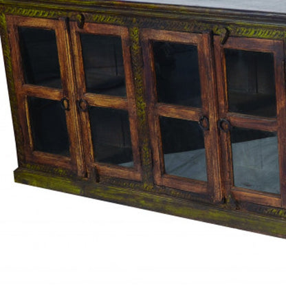 118" Brown Distressed Solid Wood Carved Abstract Buffet Table with 8 Glass Doors HomeRoots