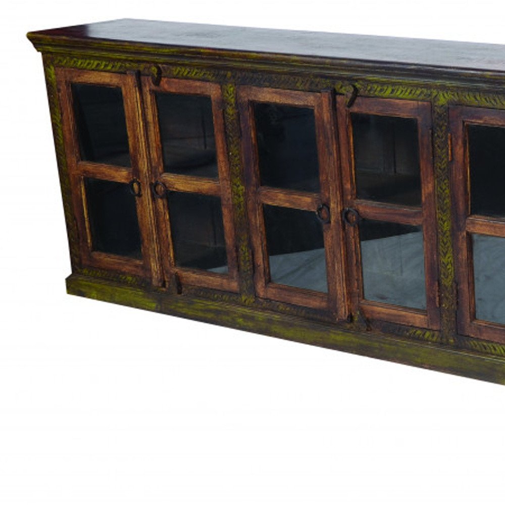 118" Brown Distressed Solid Wood Carved Abstract Buffet Table with 8 Glass Doors HomeRoots