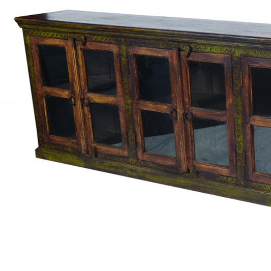 118" Brown Distressed Solid Wood Carved Abstract Buffet Table With 8 Glass Doors