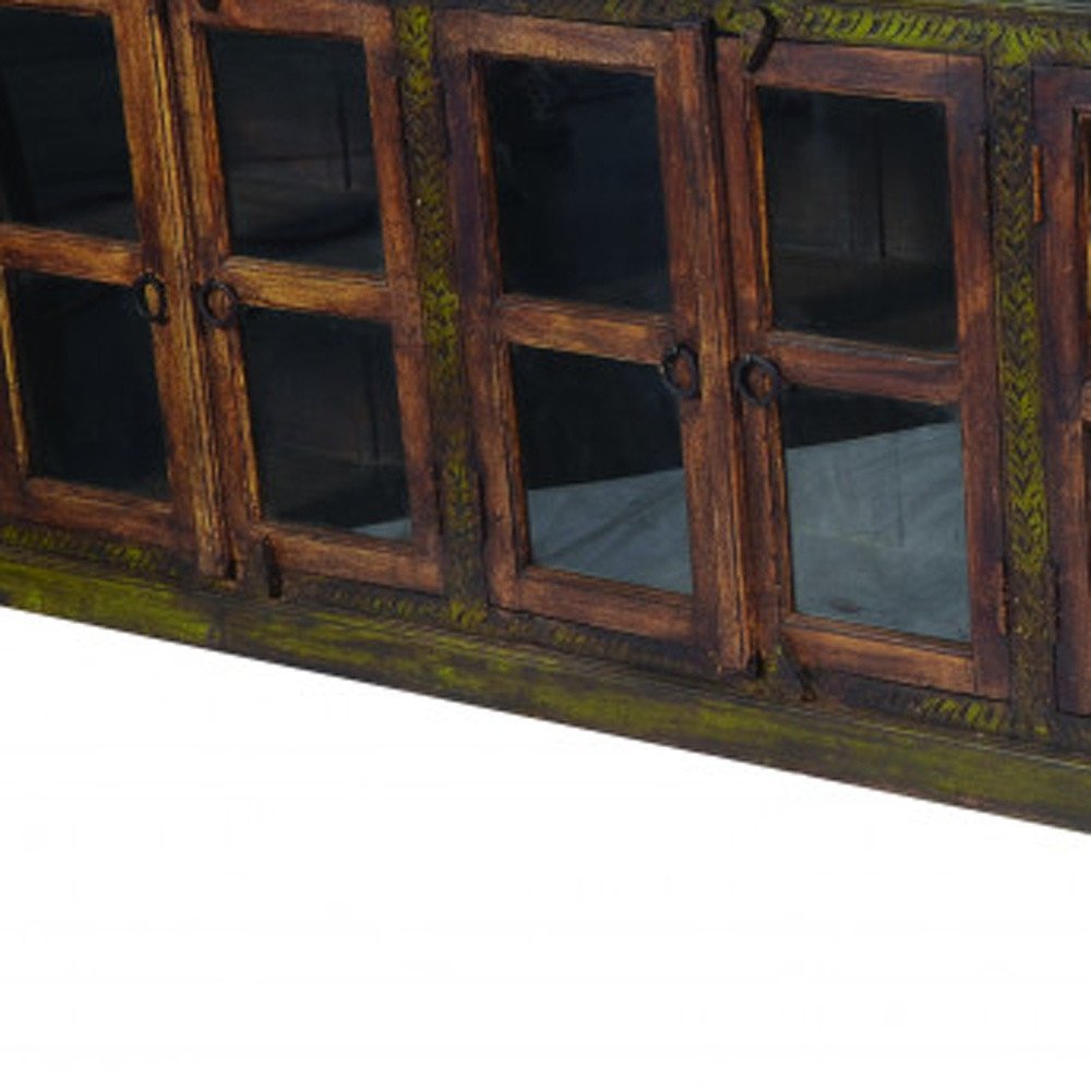 118" Brown Distressed Solid Wood Carved Abstract Buffet Table with 8 Glass Doors HomeRoots