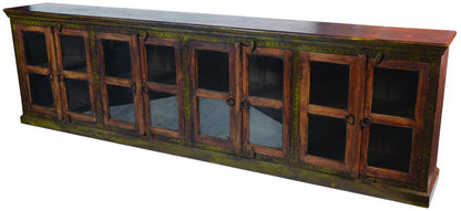 118" Brown Distressed Solid Wood Carved Abstract Buffet Table with 8 Glass Doors HomeRoots