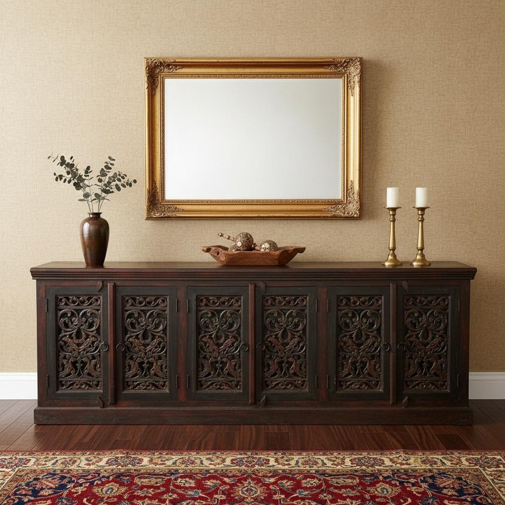 101" Brown and Green Solid Wood Buffet Table with Six Doors HomeRoots