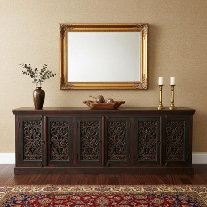 101" Brown and Green Solid Wood Buffet Table with Six Doors HomeRoots