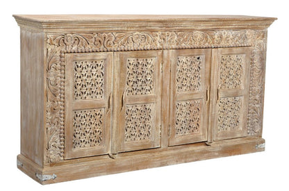76" Antiqued White Distressed Solid Wood Carved Floral Sideboard with Four Doors HomeRoots