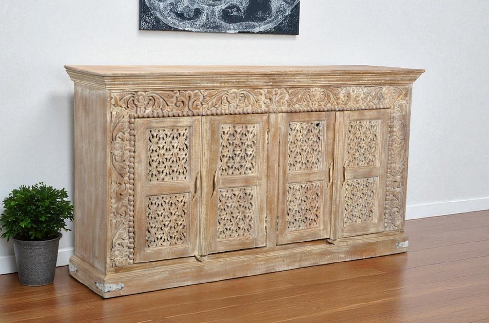 76" Antiqued White Distressed Solid Wood Carved Floral Sideboard with Four Doors HomeRoots