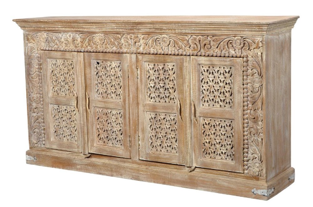 76" Antiqued White Distressed Solid Wood Carved Floral Sideboard with Four Doors HomeRoots