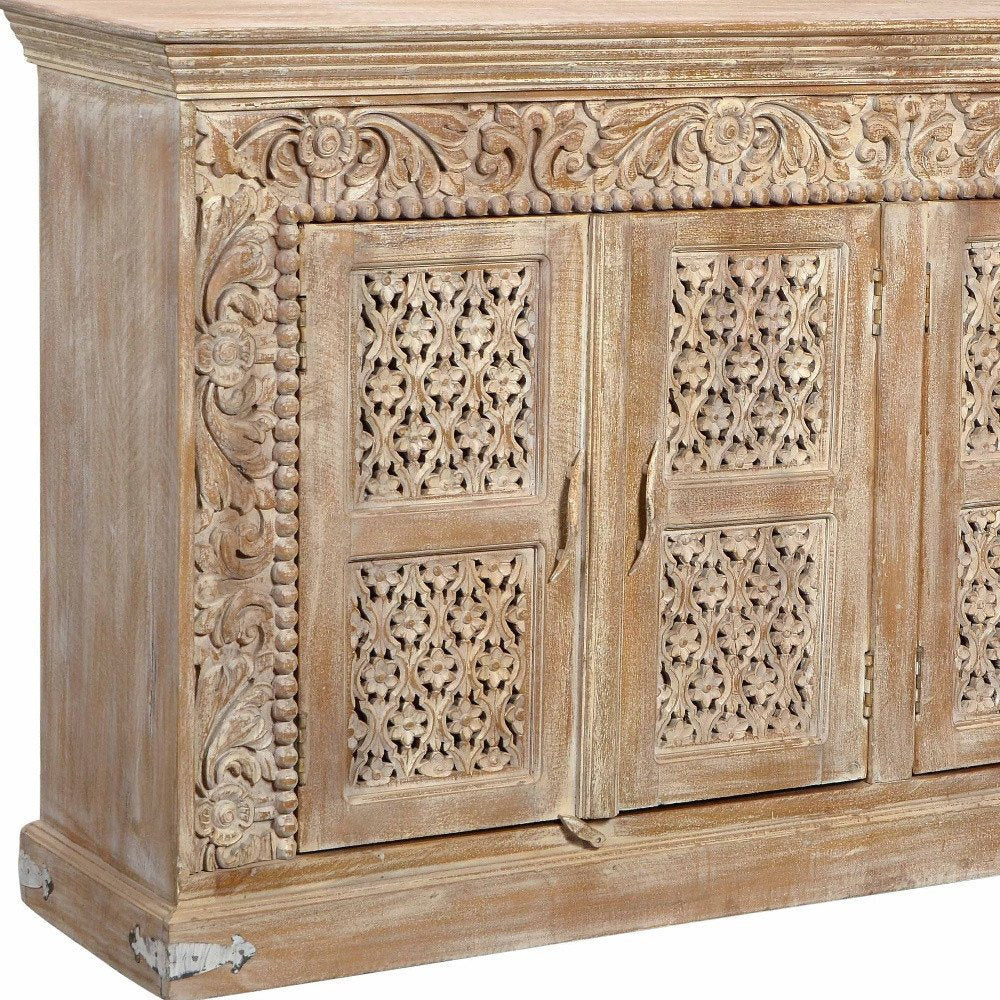 76" Antiqued White Distressed Solid Wood Carved Floral Sideboard with Four Doors HomeRoots