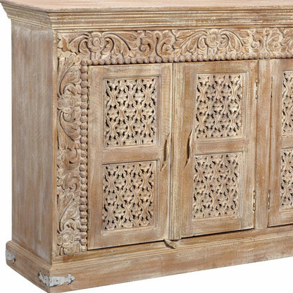 76" Antiqued White Distressed Solid Wood Carved Floral Sideboard with Four Doors HomeRoots