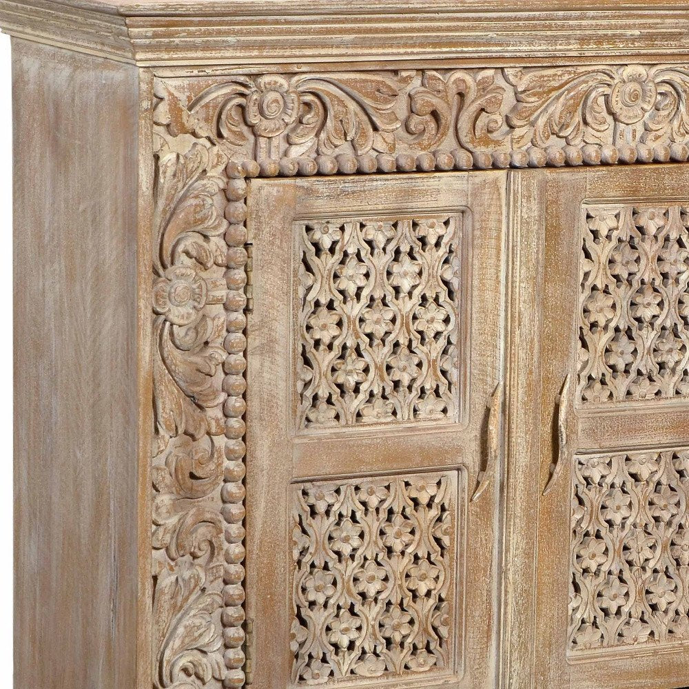 76" Antiqued White Distressed Solid Wood Carved Floral Sideboard with Four Doors HomeRoots