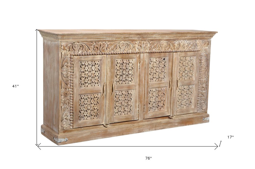 76" Antiqued White Distressed Solid Wood Carved Floral Sideboard with Four Doors HomeRoots