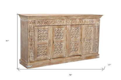 76" Antiqued White Distressed Solid Wood Carved Floral Sideboard with Four Doors HomeRoots