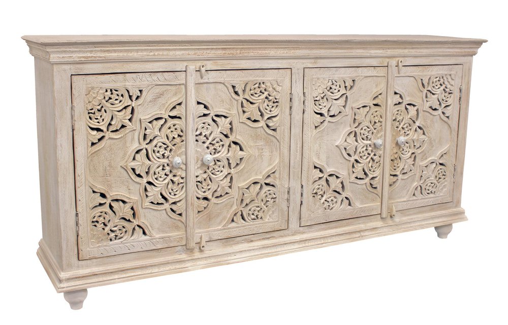 71" Beige Solid Wood Sideboard with Four Doors HomeRoots