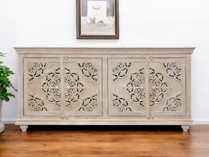 71" Beige Solid Wood Sideboard with Four Doors HomeRoots