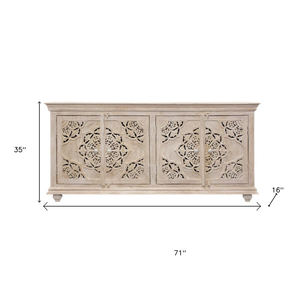71" Beige Solid Wood Sideboard with Four Doors HomeRoots