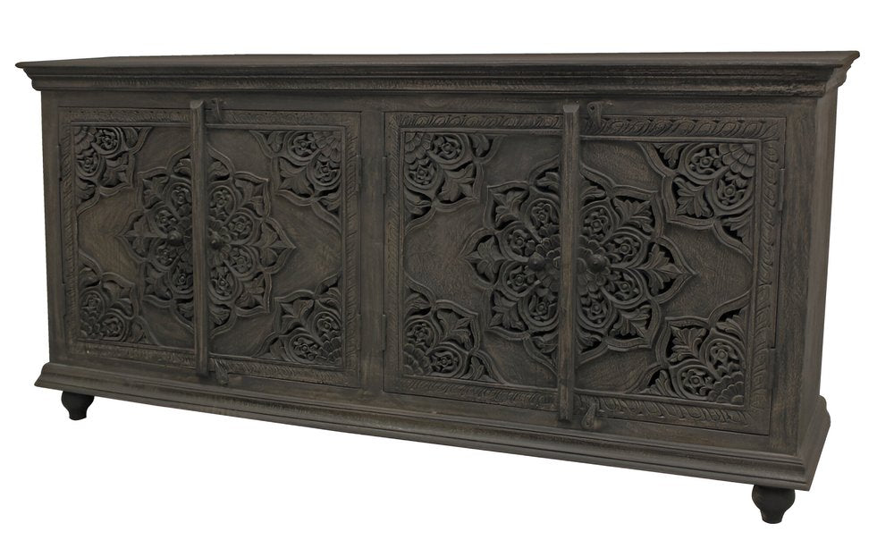 71" Distressed Gray Solid Wood Sideboard with Four Doors HomeRoots