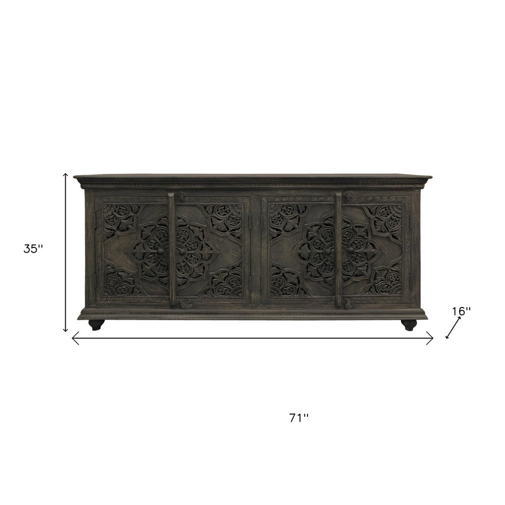71" Distressed Gray Solid Wood Sideboard with Four Doors HomeRoots