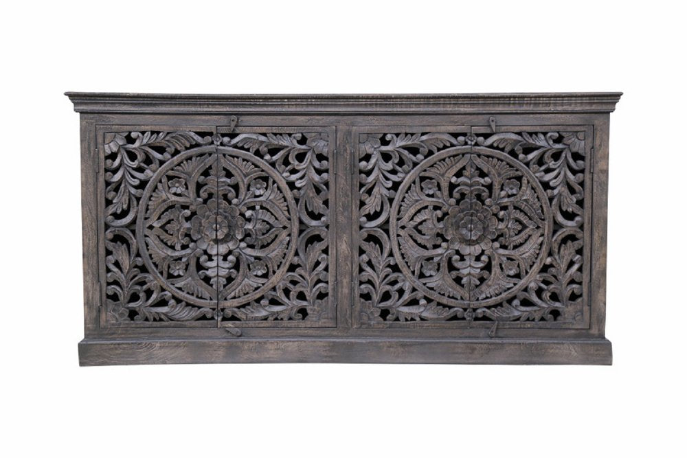 71" Gray Distressed Solid Wood Carved Floral Sideboard with Four Doors — view 6