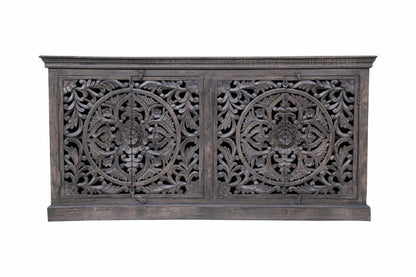 71" Gray Distressed Solid Wood Carved Floral Sideboard with Four Doors HomeRoots