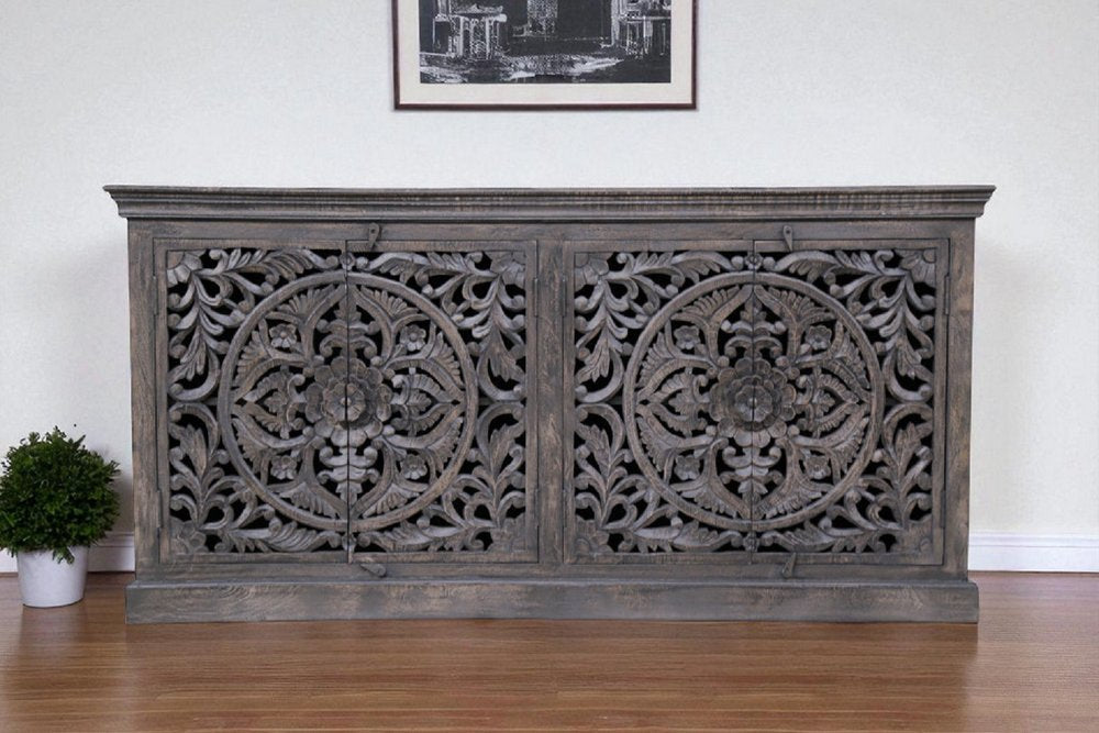 71" Gray Distressed Solid Wood Carved Floral Sideboard with Four Doors HomeRoots
