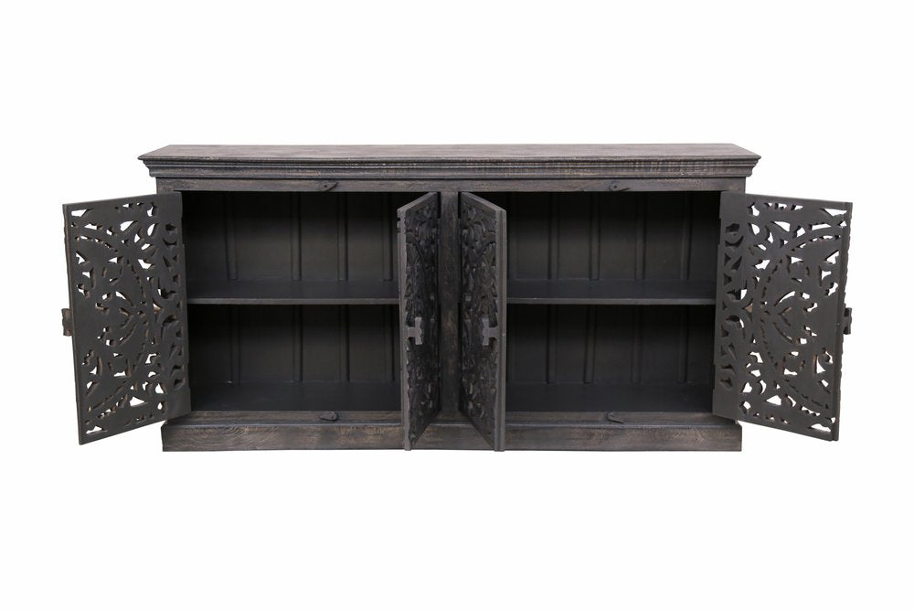 71" Gray Distressed Solid Wood Carved Floral Sideboard with Four Doors — view 2
