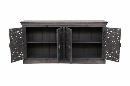 71" Gray Distressed Solid Wood Carved Floral Sideboard with Four Doors HomeRoots