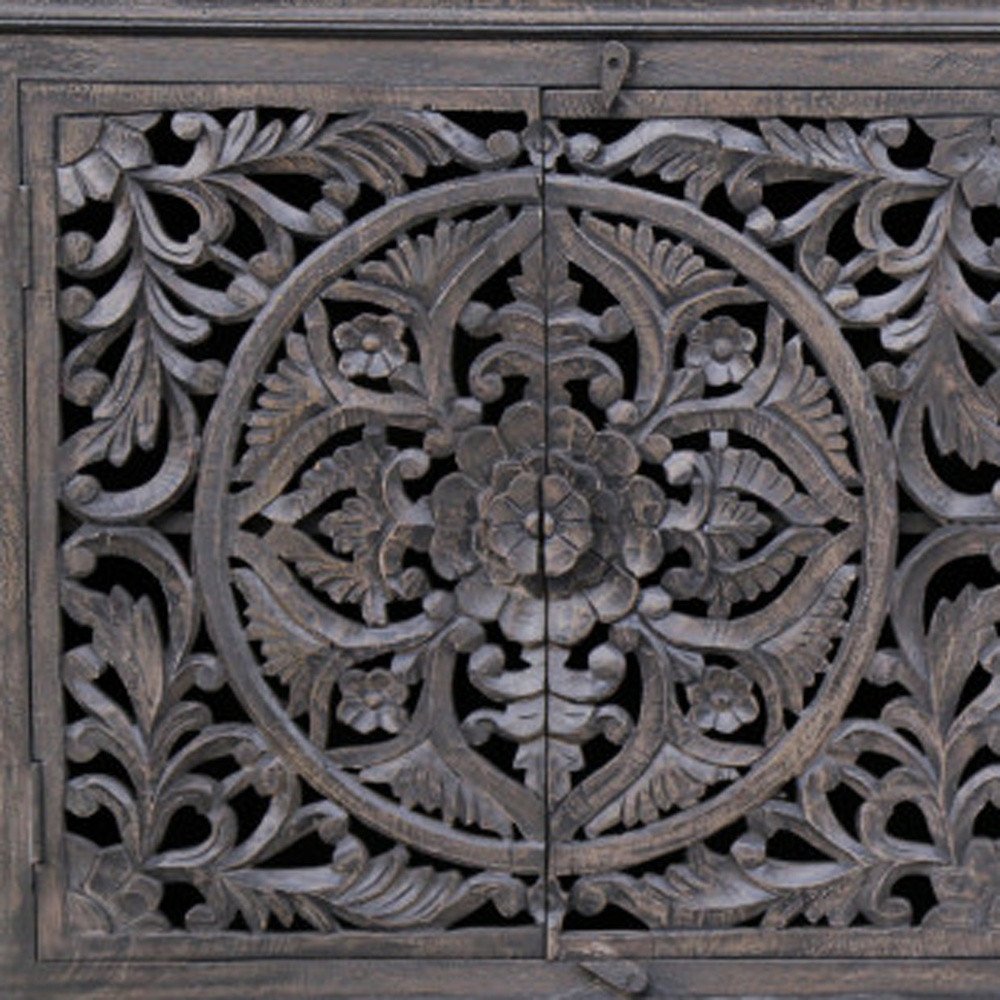71" Gray Distressed Solid Wood Carved Floral Sideboard with Four Doors HomeRoots