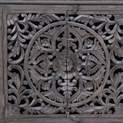 71" Gray Distressed Solid Wood Carved Floral Sideboard with Four Doors HomeRoots