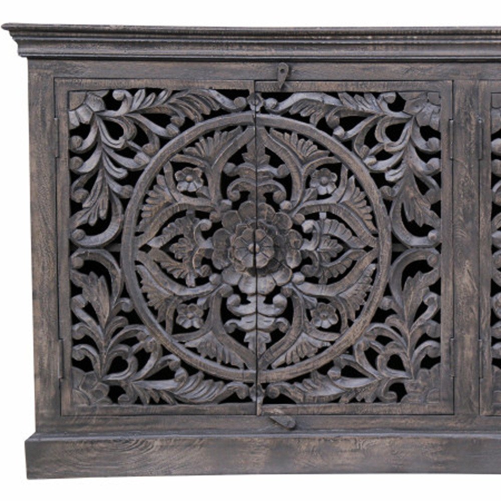 71" Gray Distressed Solid Wood Carved Floral Sideboard with Four Doors — view 5