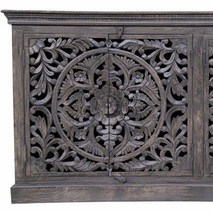 71" Gray Distressed Solid Wood Carved Floral Sideboard with Four Doors HomeRoots