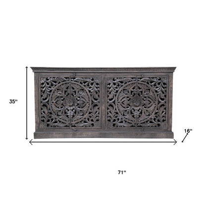71" Gray Distressed Solid Wood Carved Floral Sideboard with Four Doors HomeRoots