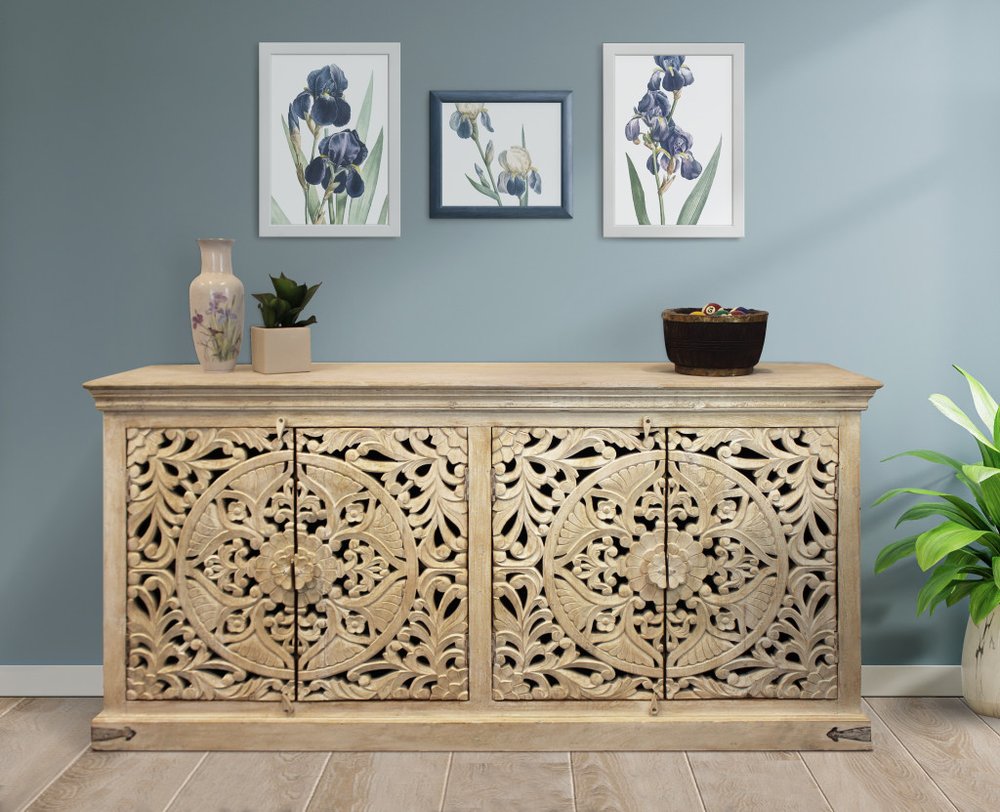 71" Beige Distressed Solid Wood Carved Scrollwork Sideboard with Four Doors — view 2