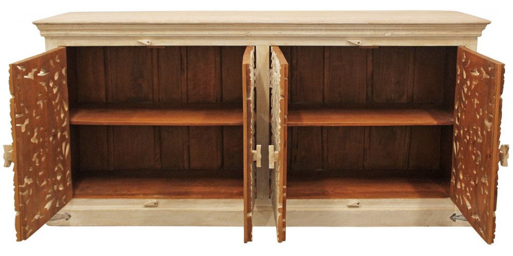 71" Beige Distressed Solid Wood Carved Scrollwork Sideboard with Four Doors HomeRoots