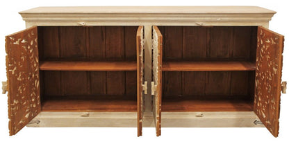 71" Beige Distressed Solid Wood Carved Scrollwork Sideboard with Four Doors HomeRoots